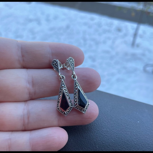Sterling Silver Kite Black Onyx Marcasite Earrings - Picture 3 of 4